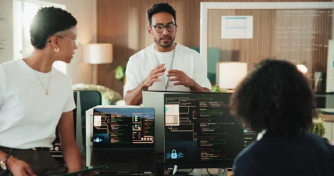 Technology, conversation and team of business people in office with coding Stock Footage 330060209
