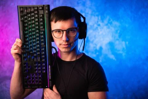 Technology, cyberspace, programming and people concept - hacker man in headset Stock Photos