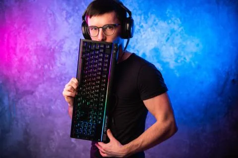 Technology, cyberspace, programming and people concept - hacker man in headset Stock Photos