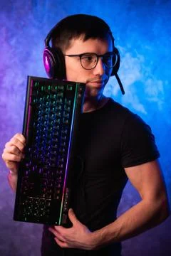 Technology, cyberspace, programming and people concept - hacker man in headset Stock Photos