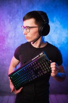 Technology, cyberspace, programming and people concept - hacker man in headset 스톡 사진