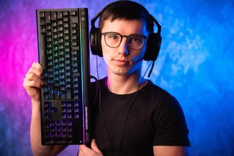 Technology, cyberspace, programming and people concept - hacker man in headset Stock Photos
