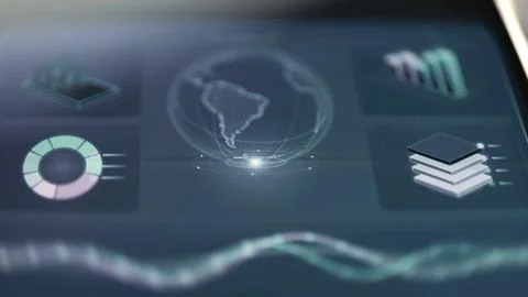 Technology dashboard combines globe charts and layers Stock Photos