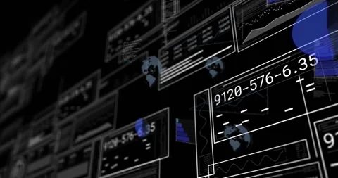 Technology dashboard panels appearing in black void, camera panning, tiles Stock Footage 333962805
