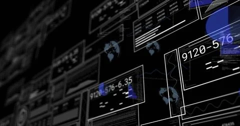 Technology dashboard panels appearing in black void, camera panning, tiles Stock Illustration