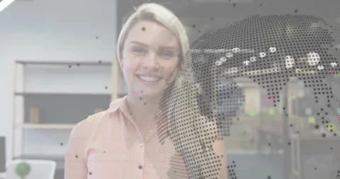 Technology data appearing before presenter forming world map with cascading code Video stock 318092213