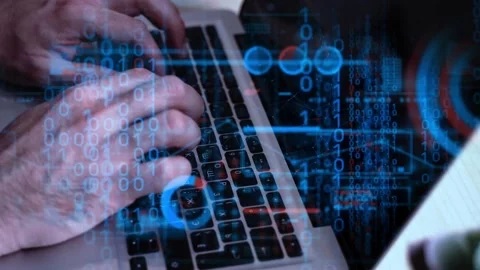 Technology data concept. Data analytics background on laptop computer with Stock Footage 239024663