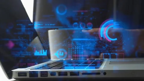 Technology data concept. Data analytics background on laptop computer with Stock Footage 239377166