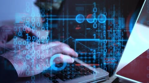 Technology data concept. Data analytics background on laptop computer with Stock Footage 240409072