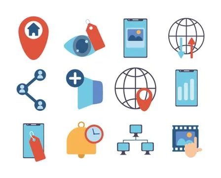 Technology data digital multimedia icons set Illustrazione stock
