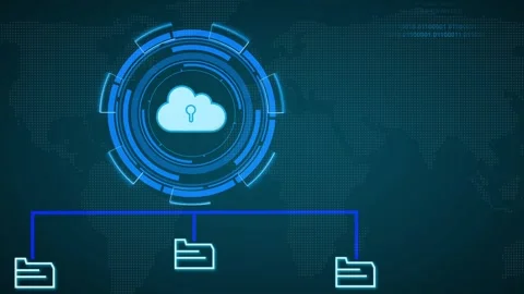 Technology data storage animation links cloud lock icons to files text. Dat.. Stock Footage 341129605