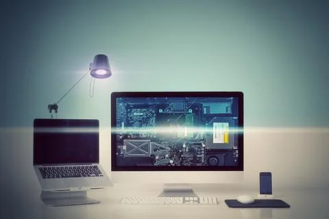 Technology, desk and computer with security, screen and connection for online Stock Photos