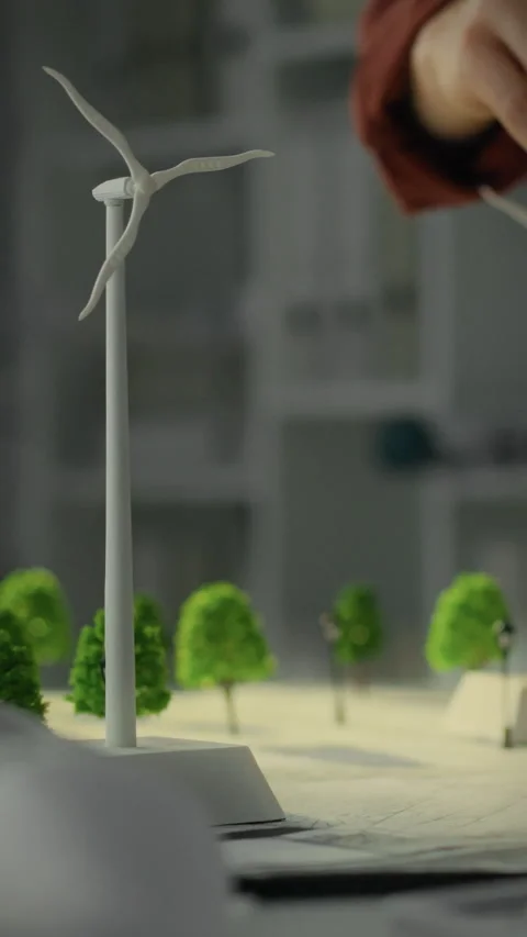 Technology developer creates model of windmills for green energy solutions i Stock Footage 331730065
