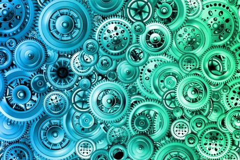 Technology development concept. Bright background from various mechanisms. Stock Illustration