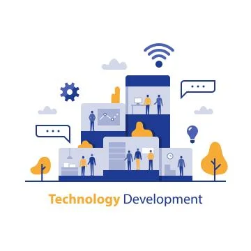 Technology development, innovative solution, IT business office, product desi Stock Illustration