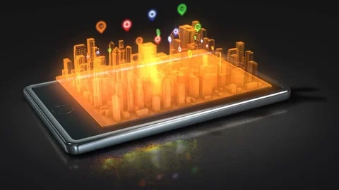Technology device with abstract futuristic city hologram on screen. 3d buildings 스톡 동영상 81920359