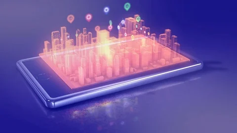 Technology device with abstract futuristic city hologram on screen. 3d buildings 스톡 동영상 81920658