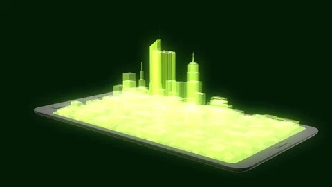 Technology device with abstract futuristic city hologram on screen. Stock Footage 84979006