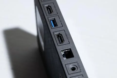 Technology device with HDMI USB Audio connectors on white background Stock Photos