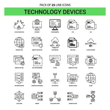 Technology Device Line Icon Set - 25 Dashed Outline Style Ilustração Stock