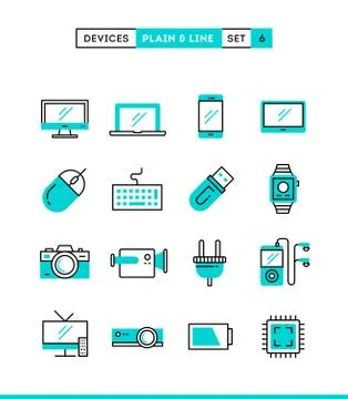 Technology, devices, gadgets and more. Plain and line icons set, flat design Illustrazione stock