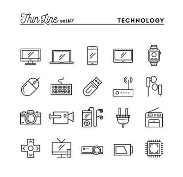 Technology, devices, gadgets and more, thin line icons set Stock Illustration