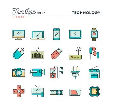 Technology, devices, gadgets and more, thin line color icons set Illustrazione stock