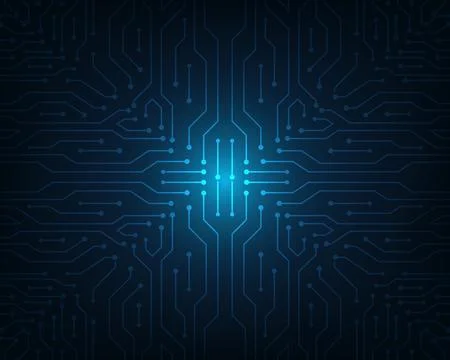 Technology digital circuit board with glowing core and blue network pattern.. Illustrazione stock