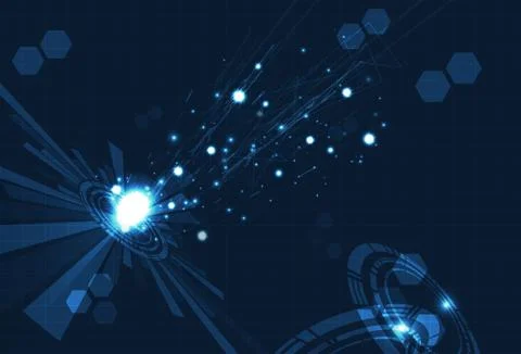 Technology, digital circuit, grid and ring of futuristic data on blue abstract Stock Illustration