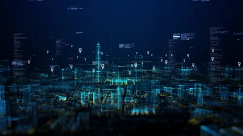 Technology digital data network connection, Cityscape location icons of GPS. Stock Footage 246676126