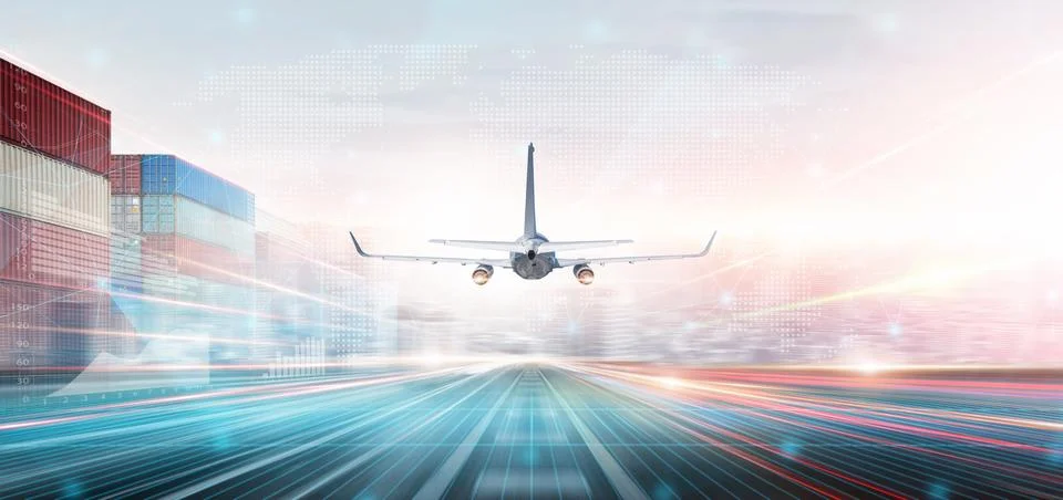 Technology Digital Future of Cargo Plane Logistics Transport Concept, Airpl.. Foto stock
