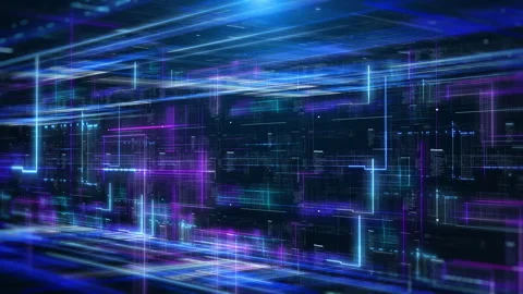 Technology digital glow line hologram perspective view fly through concept. Stock Footage 326440407