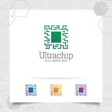 Technology digital logo vector design with concept of microchip icon for prog Stock Illustration