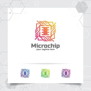 Technology digital logo vector design with concept of microchip icon for prog Illustrazione stock