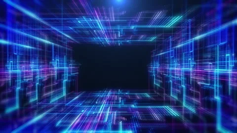 Technology digital rectangular tunnel grid flying through space 4K motion. Stock Footage 252136279