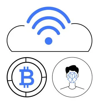 Technology, digital security, blockchain, facial recognition, cloud storage,  Illustrazione stock