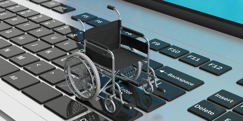 Technology for disabled. Wheelchair empty on computer laptop keyboard. 3d ill Stock Illustration
