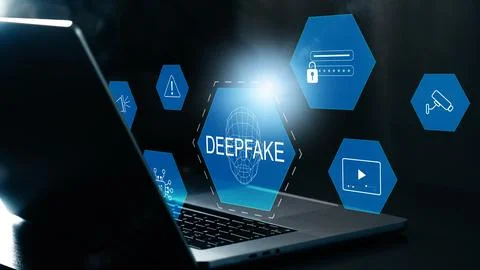 Technology displays the concept of deep fake on a computer screen in a dimly Stock Photos