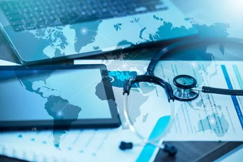 Technology, documents or stethoscope in global healthcare collaboration, medical Stock Photos