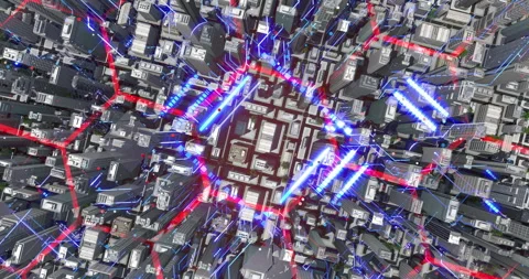Technology driven smart city with hexagon grid and data streams. Stock Footage 328120539