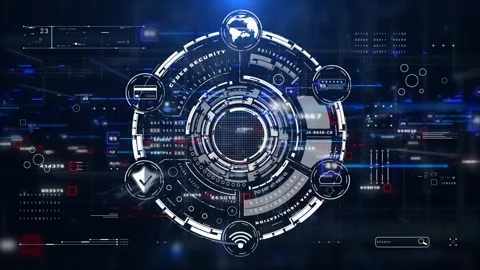 Technology dynamic of HUD circle cyber security icon platform Stock Footage 317014307