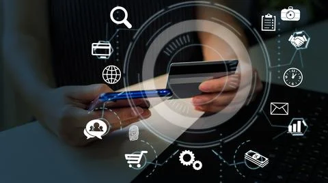 Technology e-commerce commercial. Online payment digital and shopping on ne.. Stock Photos