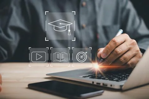 Technology for e-learning education with online course options, a person us.. Stock Photos
