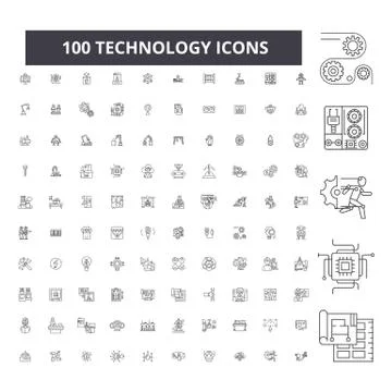 Technology editable line icons, 100 vector set, collection. Technology black Stock Illustration
