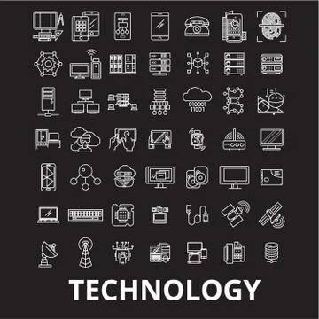Technology editable line icons vector set on black background. Technology white Stock Illustration