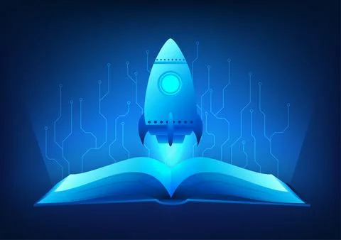 Technology Education, Rocket rising from an open book in mid-air, with an e.. 스톡 일러스트