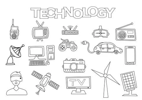 Technology elements hand drawn set. Coloring book template.  Outline doodle Stock Illustration