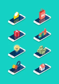 Technology elements on the smartphone screen isometric collection Stock Illustration