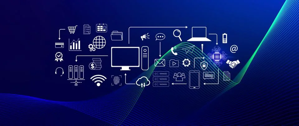 Technology equipment and line interface icons, Computer system resources an.. Stock Photos
