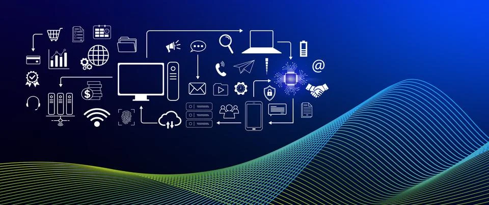 Technology equipment and line interface icons, Computer system resources an.. Stock Photos